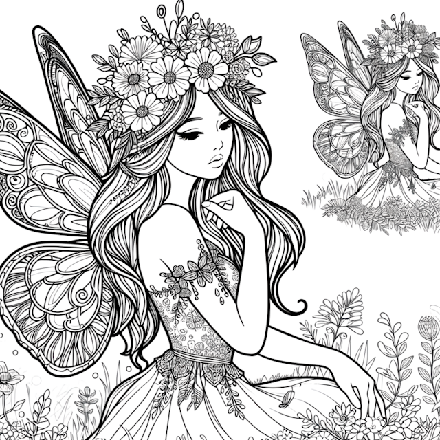 A coloring page of Fairy Princess in a Flower Garden Coloring Page