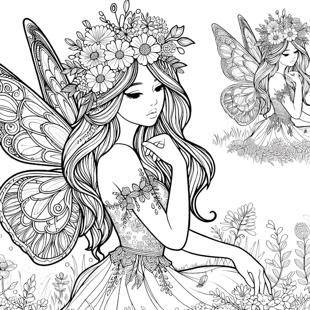 Fairy Princess in a Flower Garden Coloring Page
