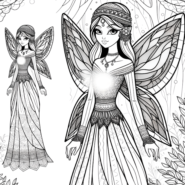 A coloring page of Fairy Princess in the Enchanted Forest