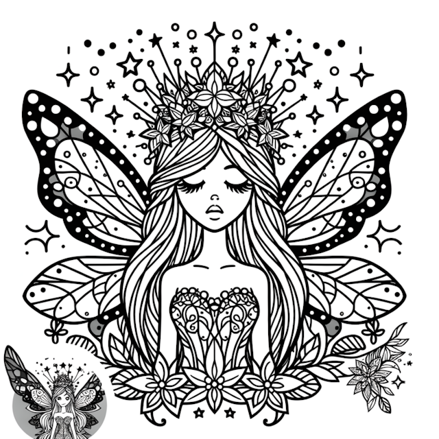 A coloring page of Fairy Princess with Flower Crown Coloring Page