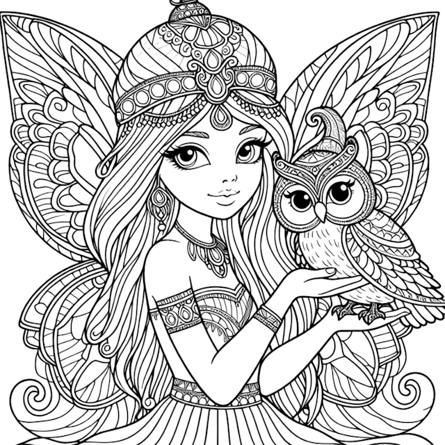 A coloring page of Fairy Princess with Her Owl Companion