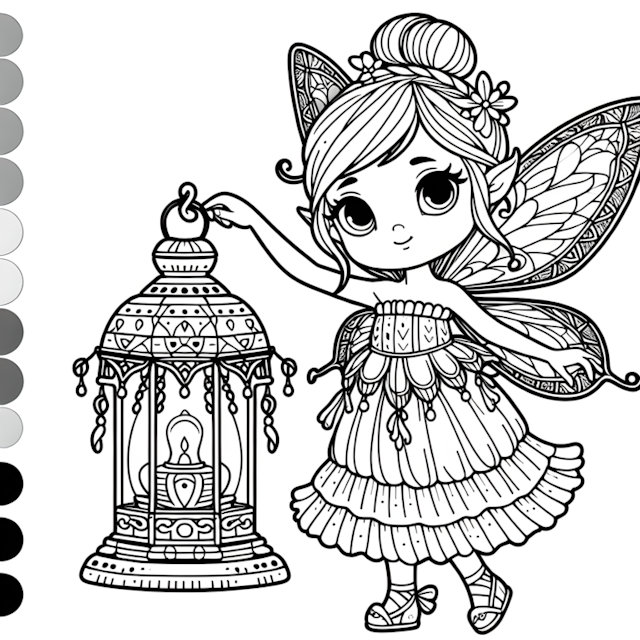 A coloring page of Fairy Princess with Lantern Coloring Page