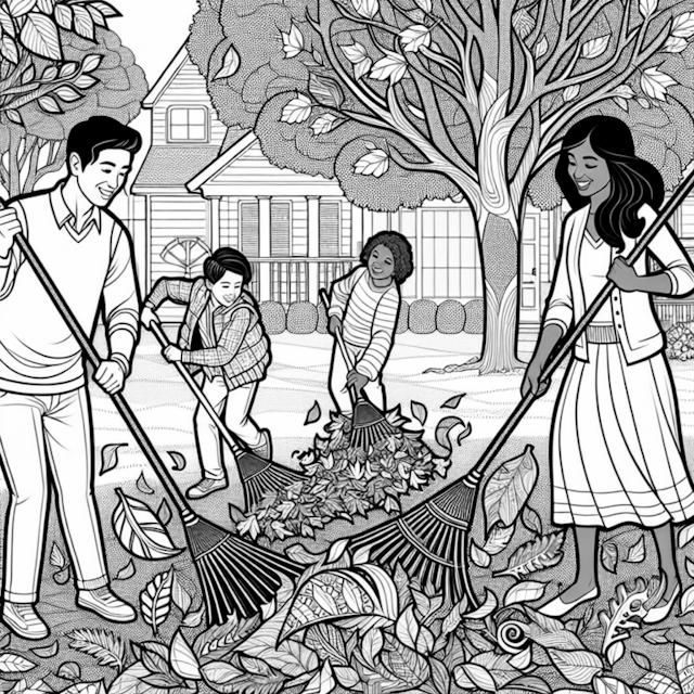 A coloring page of Family Fun Raking Leaves