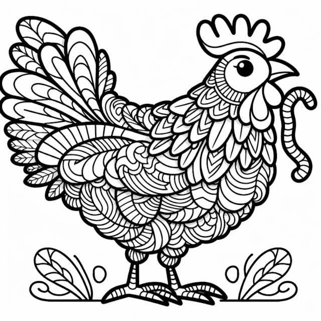 A coloring page of Fancy Feathers Fun: Color the Detailed Chicken!