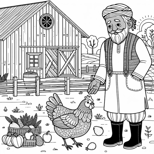 A coloring page of Farmer and Chicken on the Farm