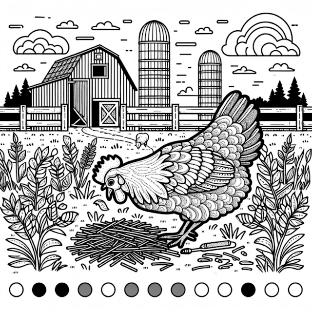 A coloring page of “Farmyard Scene with Henny the Hen”