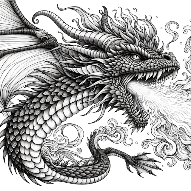 A coloring page of Fierce Dragon Breathing Fire Coloring Page