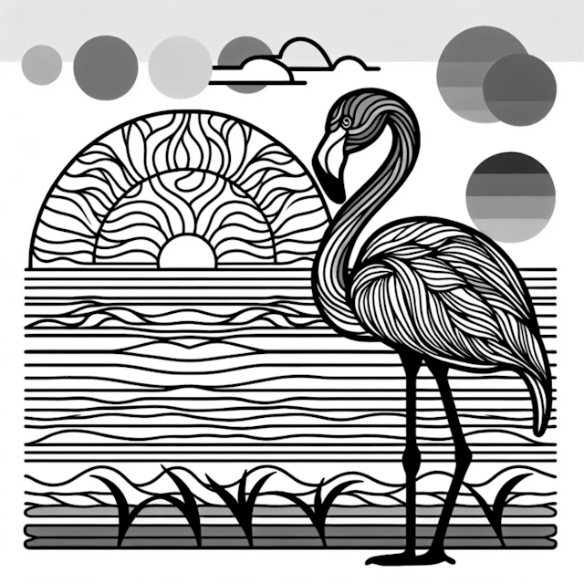 A coloring page of Flamingo at Sunrise Coloring Page