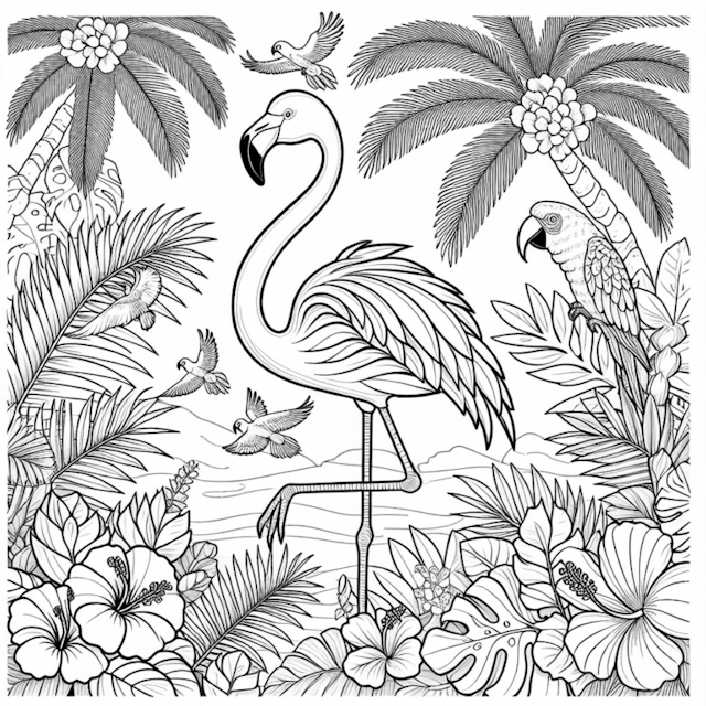 A coloring page of Flamingo in a Tropical Paradise Coloring Page