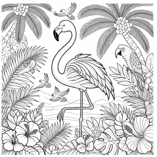 Flamingo in a Tropical Paradise Coloring Page