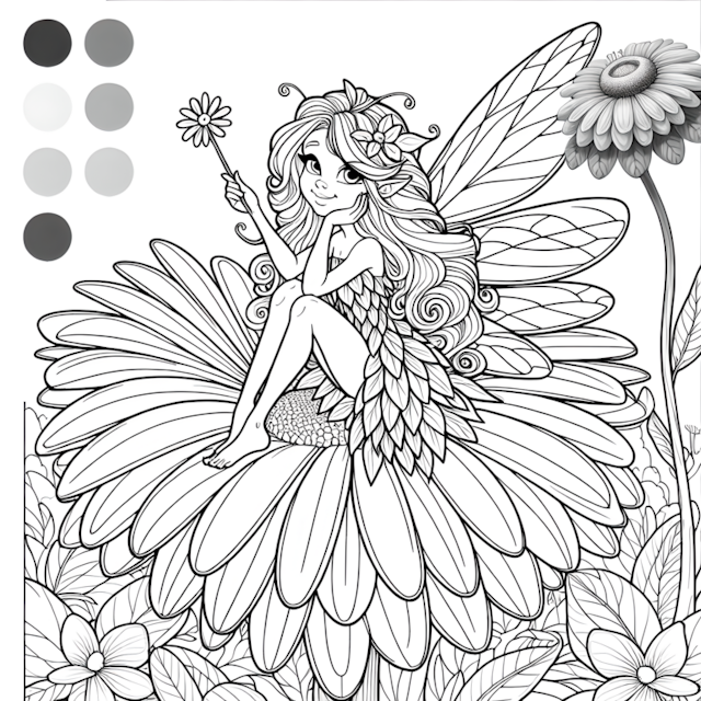 A coloring page of Flower Fairy Sits on a Bloom