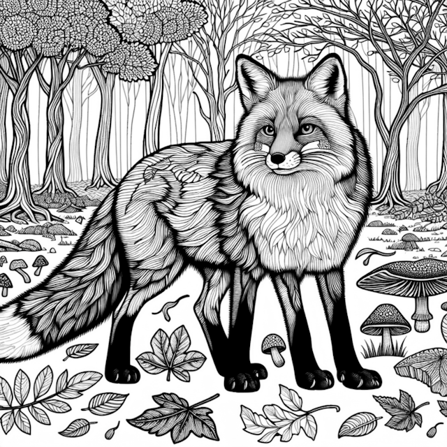 A coloring page of Fox in the Enchanted Forest