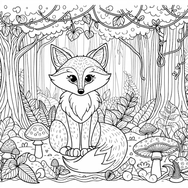 A coloring page of Fox’s Enchanted Forest Adventure