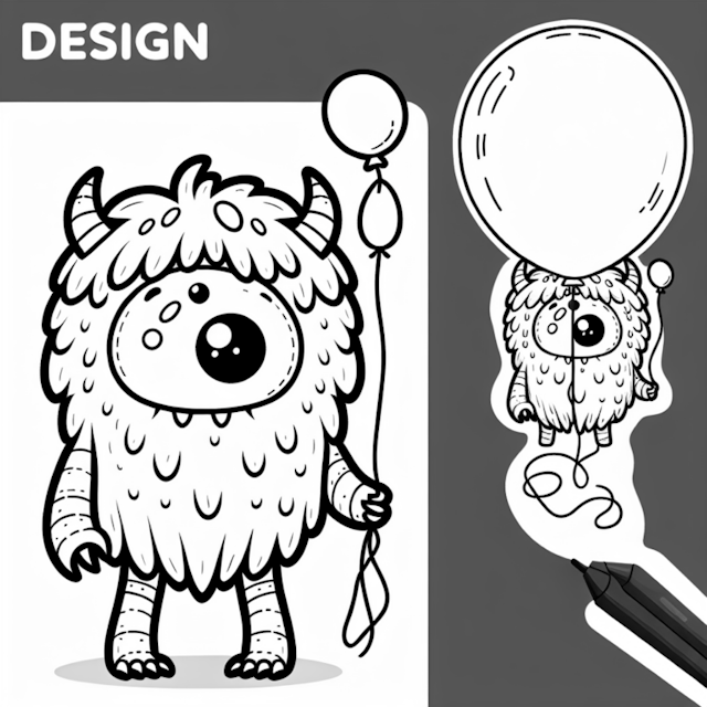 A coloring page of Furry Monster and Balloon Coloring Page