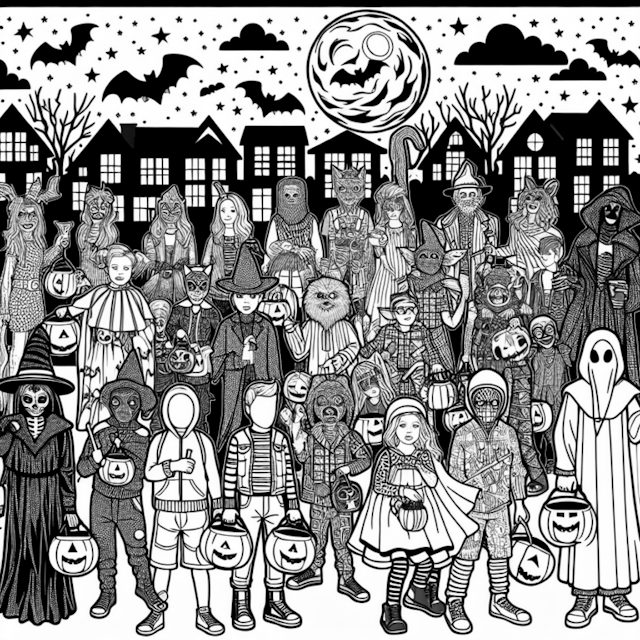 A coloring page of Halloween Night: Trick-or-Treat Adventures