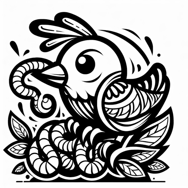 A coloring page of Happy Bird and the Wiggly Worm