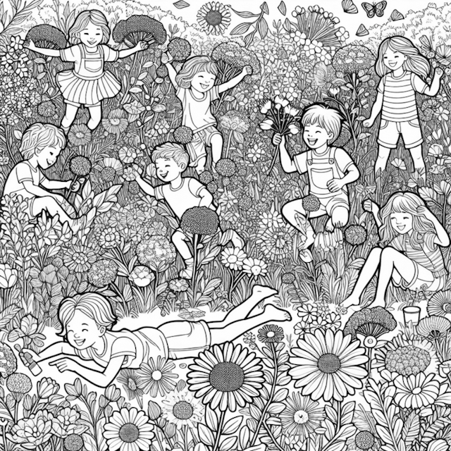 A coloring page of Happy Kids Playing in a Flower Field