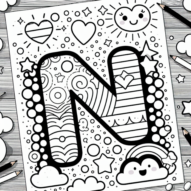 A coloring page of Happy Letter N Coloring Page