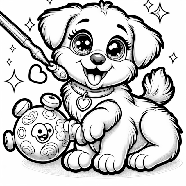 A coloring page of Happy Puppy Playing with a Toy Ball