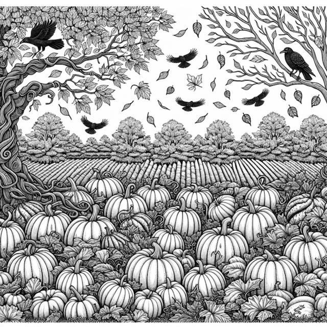 A coloring page of Harvest Time in the Pumpkin Field