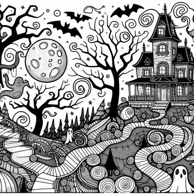 A coloring page of Haunted Halloween Mansion and Spooky Ghosts