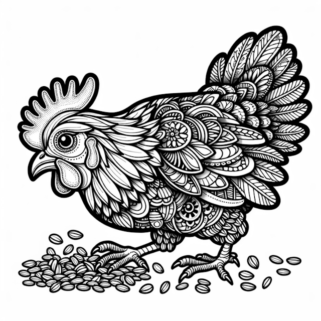 A coloring page of Hen Eating Seeds – Intricate Coloring Page