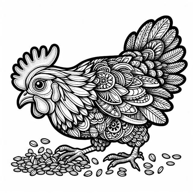 Hen Eating Seeds – Intricate Coloring Page