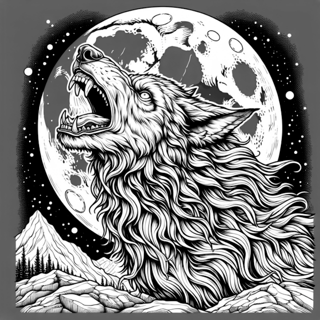A coloring page of Howling Wolf Under the Full Moon