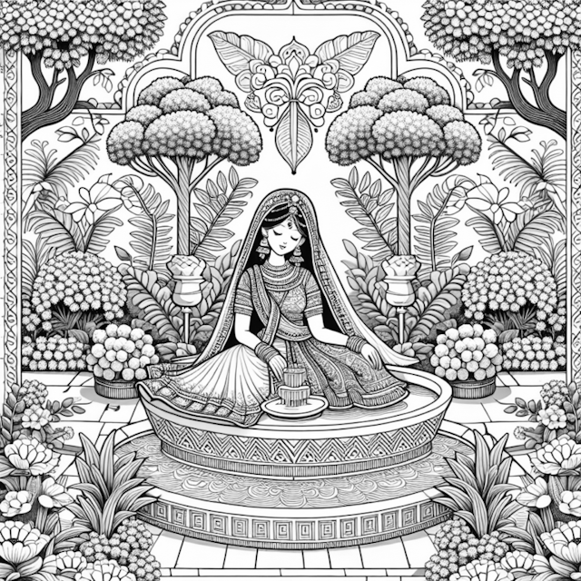 A coloring page of Indian Princess in a Garden Oasis