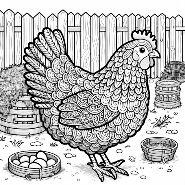 A coloring page of Intricate Hen in the Farmyard