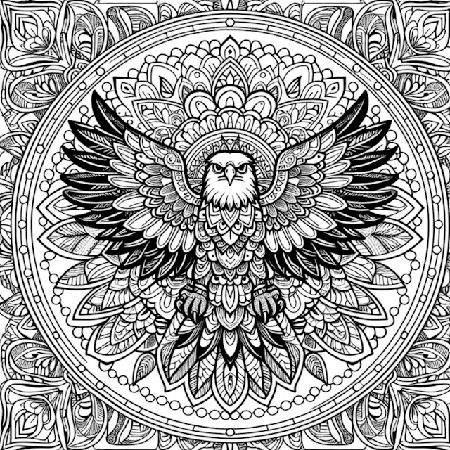 A coloring page of Intricate Mandala with Majestic Eagle
