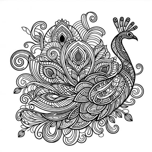 A coloring page of Intricate Peacock Coloring Page