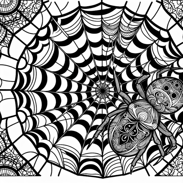 A coloring page of Intricate Spider Web and Spider Design Coloring Page