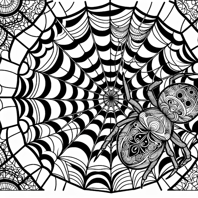 Intricate Spider Web and Spider Design Coloring Page
