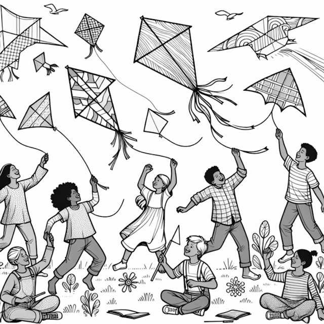 A coloring page of Kite Flying Fun: Kids Enjoy a Breezy Afternoon