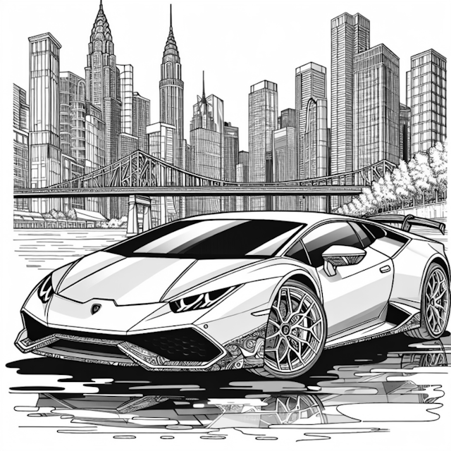 A coloring page of Lamborghini in the City: An Urban Coloring Adventure