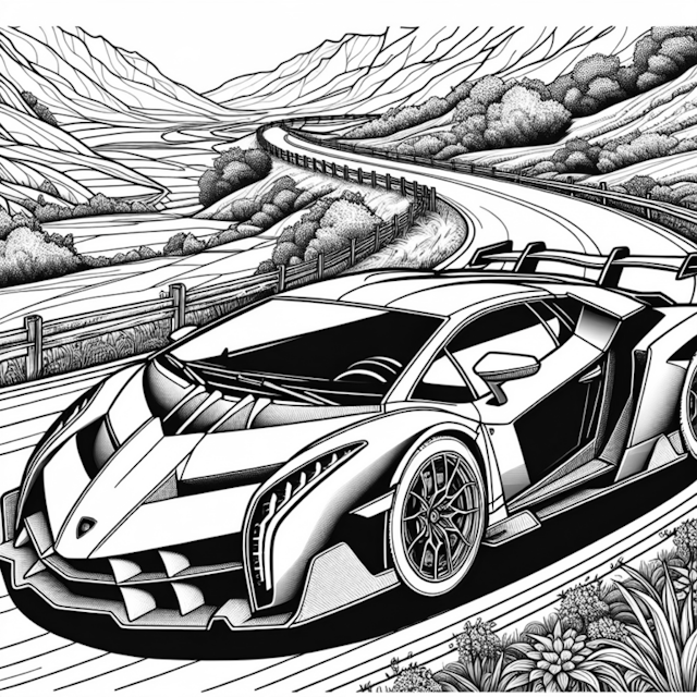 A coloring page of Lamborghini on a Scenic Mountain Drive Coloring Page