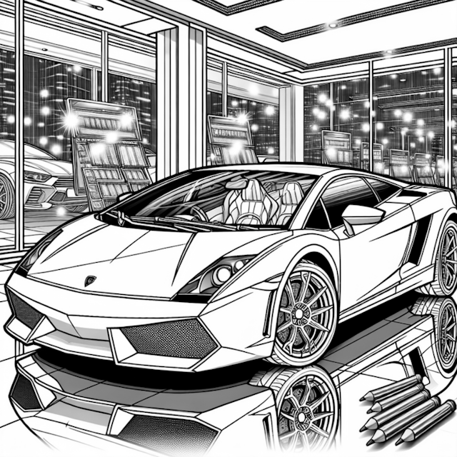 A coloring page of Lamborghini Showroom Bliss