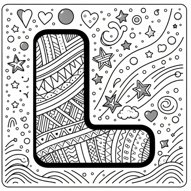 A coloring page of Letter L Amidst Stars and Hearts