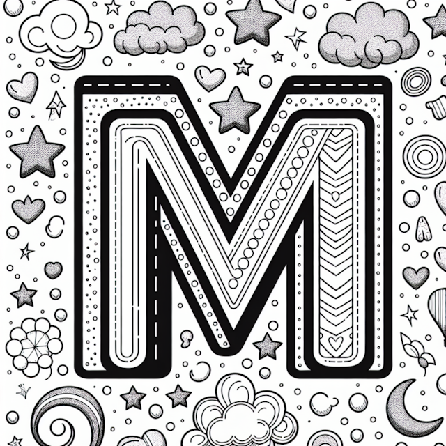 A coloring page of Letter M Coloring Fun with Stars and Clouds