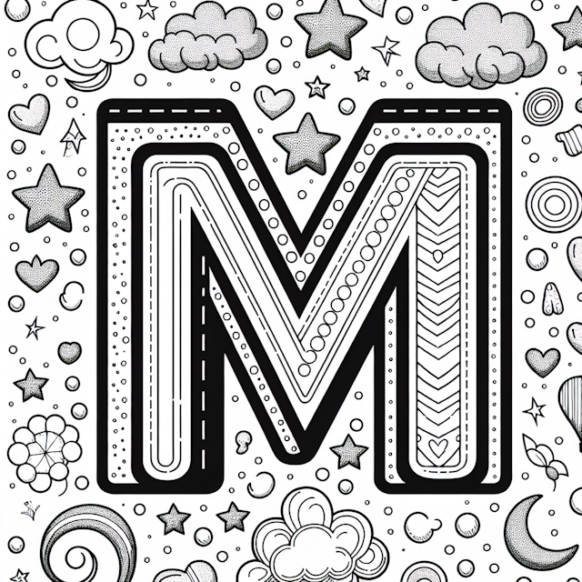 Letter M Coloring Fun with Stars and Clouds