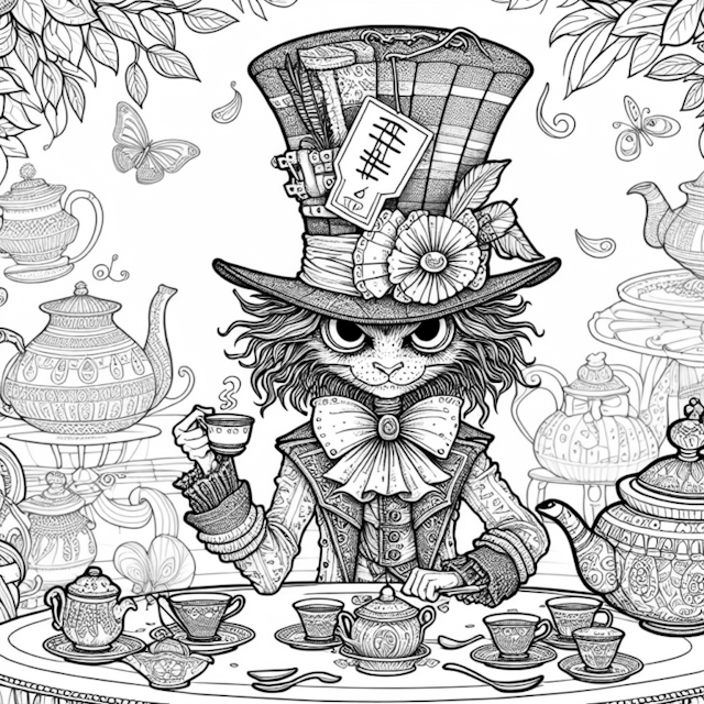 A coloring page of Mad Hatter’s Whimsical Tea Party Coloring Page