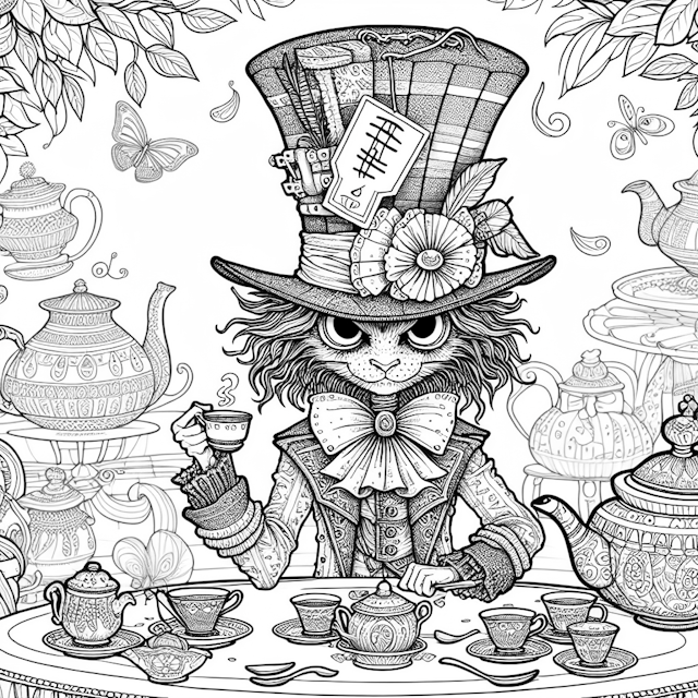 Mad Hatter’s Whimsical Tea Party Coloring Page