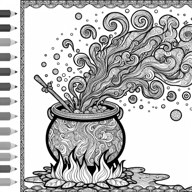 A coloring page of Magical Cauldron of Swirling Potions