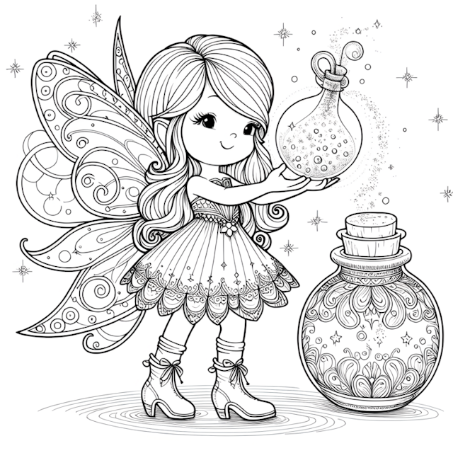 A coloring page of Magical Fairy Potion Crafting