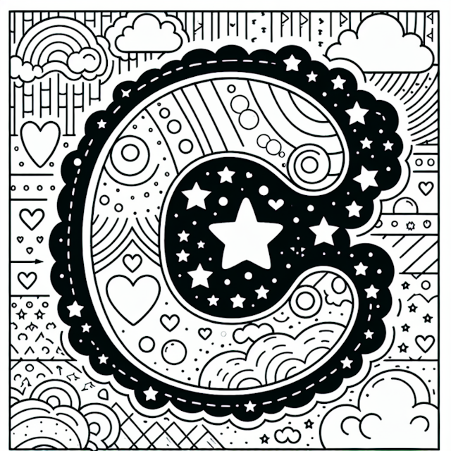 A coloring page of “Magical Letter C with Stars and Hearts Coloring Page”