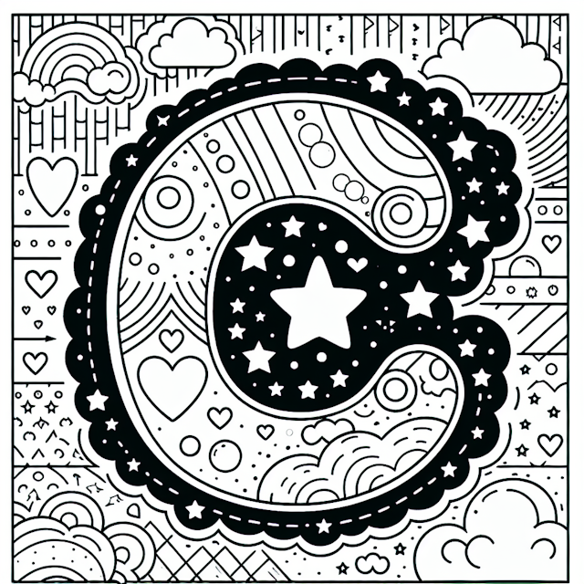 “Magical Letter C with Stars and Hearts Coloring Page”