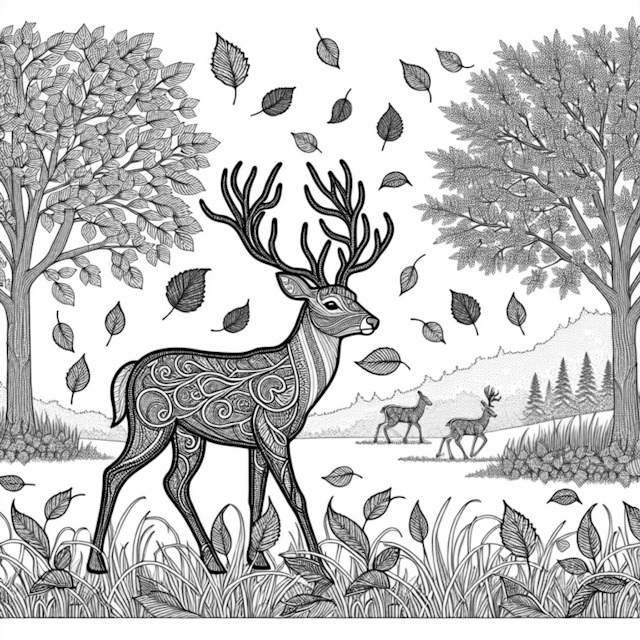A coloring page of Majestic Deer in an Enchanted Forest