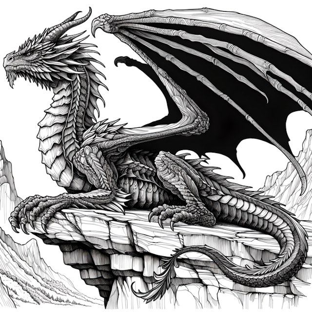 A coloring page of Majestic Dragon on the Cliff