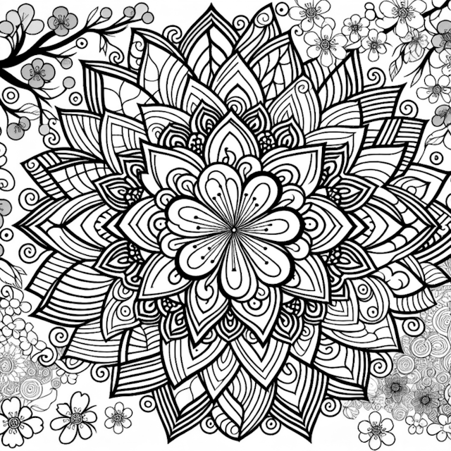 A coloring page of Mandala and Cherry Blossom Coloring Page